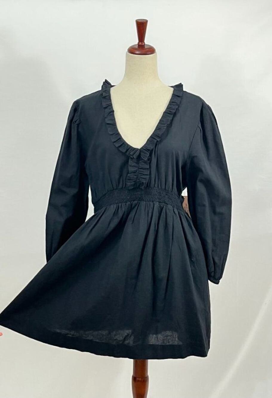 ABIGAIL ZWAANS Sz L Large Black Baie Ruffle Long Sleeve Dress NWT Cotton Linen